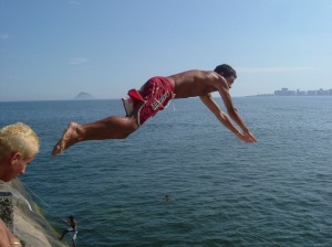 Cliff Diving off of Copacabana and Leme